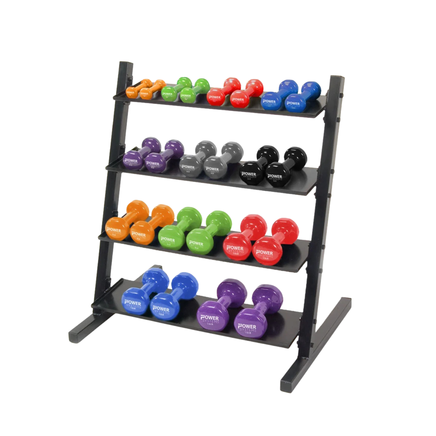 Neoprene/Vinyl Dumbbell 4-Tier Rack w/Deluxe Vinyl DB Prime Set 1-15 lbs